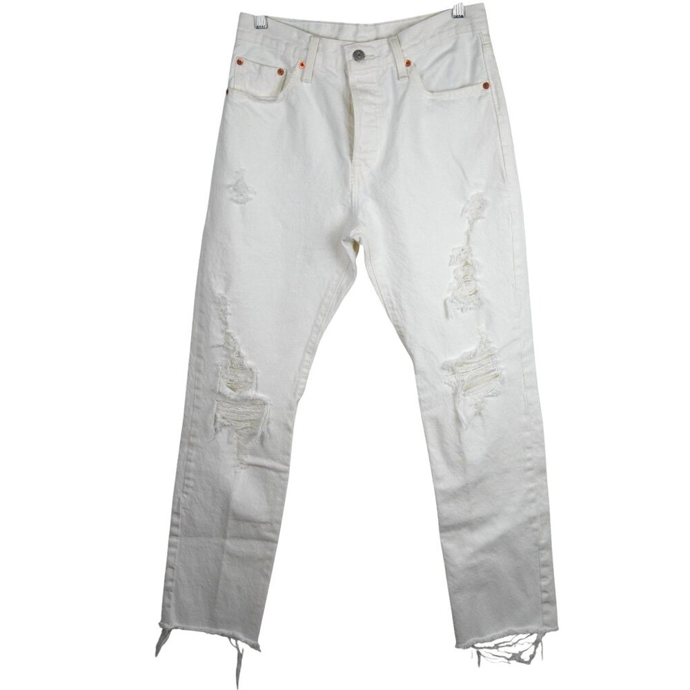 Levis 501 Distressed White High-Rise Jeans Size W28 L30 Vintage Inspired